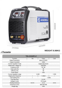 ANDELI 110V 220V TIG-250GPLC TIG Welding Machine TIG COLD PULSE CLEAN Gold Silver Welding TIG Welder Cold Welding Machine