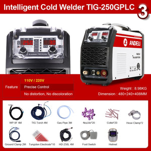 ANDELI 110V 220V TIG-250GPLC TIG Welding Machine TIG COLD PULSE CLEAN Gold Silver Welding TIG Welder Cold Welding Machine